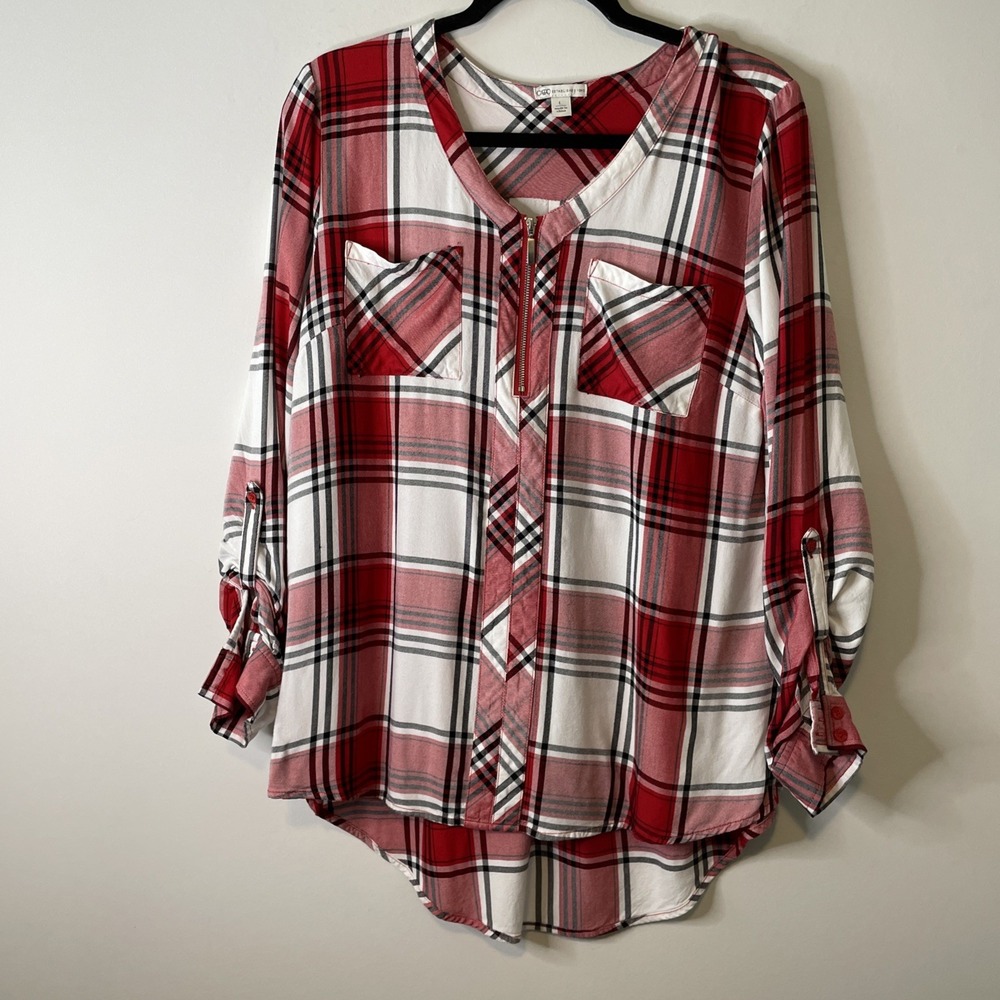 Cato Women's Large Red White Black Plaid Roll Tab Sleeve Blouse Tunic Top